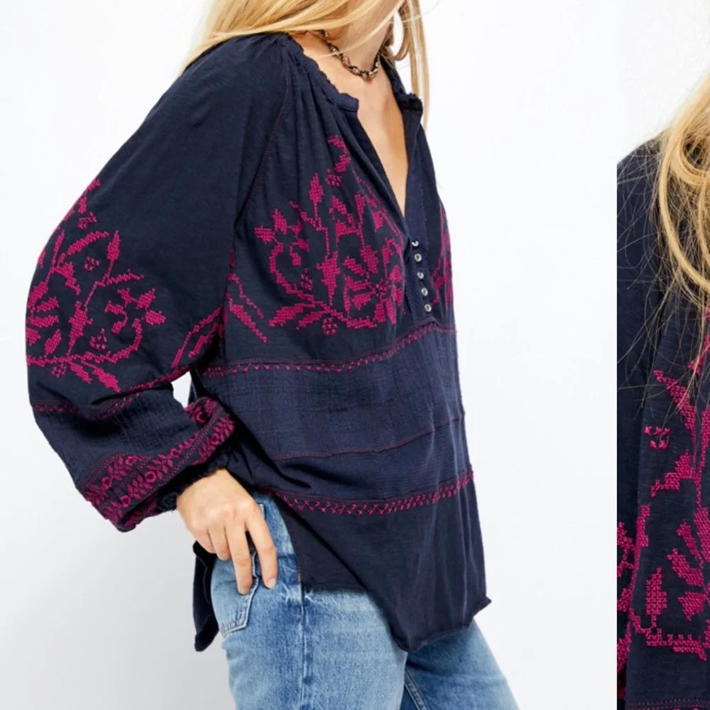Free People Persuasion Embroidered Boho Floral Blouse size medium - Picture 3 of 14
